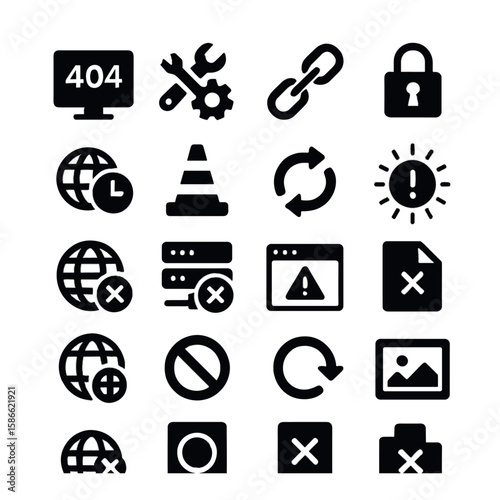Error page icon collection. simple 404, warning, lock, refresh, cone, link, globe, document, image