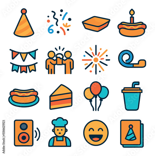 Hot dog party icon collection. simple celebration: hat, confetti, snack, cake, balloons, cup, party