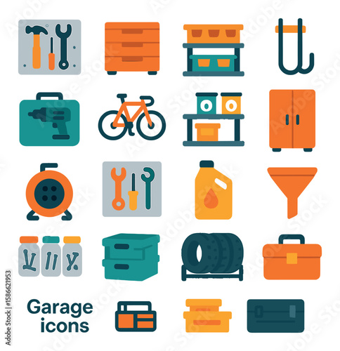 Garage system icon collection. tools, bicycle, drill, tires, cabinet, toolbox silhouette
