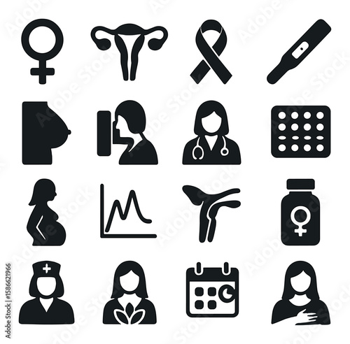 Women's health icon collection. simple silhouette icons for medical, pregnancy, doctor, calendar, pills, chart, nurse