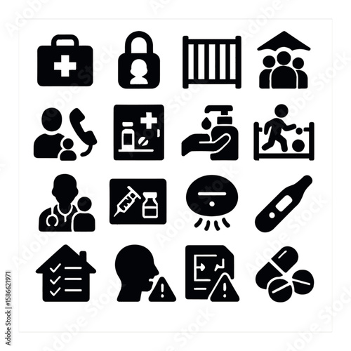 Family safety icon collection. home protection, child guarding, healthcare silhouette icons.