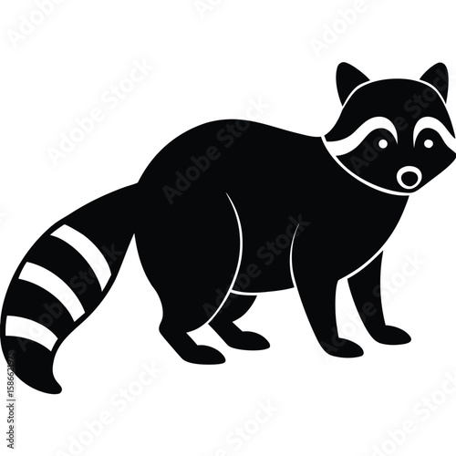  a raccoon in side view with bushy ringed tail and pointed face, standing pose with upright ears and arched back, minimalist vector illustration isolated on white background
