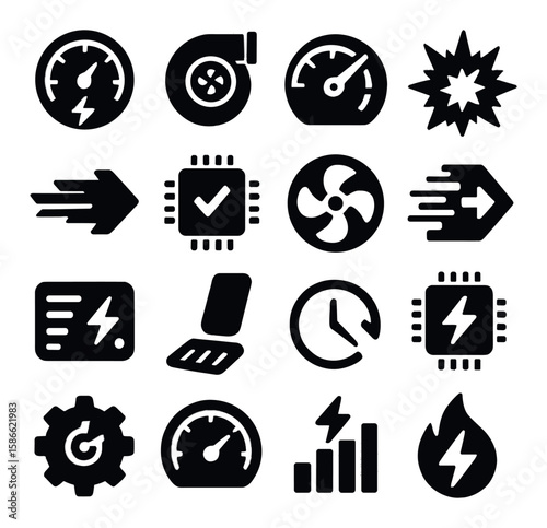 Performance icon collection. silhouette style. speed, booster, turbo, gauge, engine