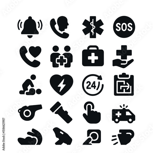 Emergency icon collection: simple line style first aid, ambulance, sos, rescue, medkit