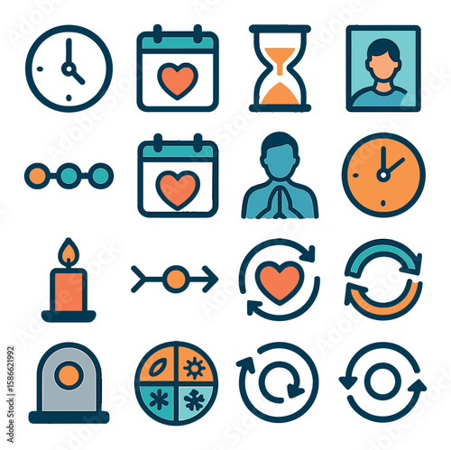 Time and grief icon collection. simple linear icons: clock, calendar, hourglass, candle, meditation, seasons, cycle