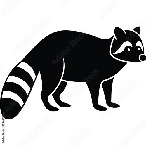  a raccoon in side view with bushy ringed tail and pointed face, standing pose with upright ears and arched back, minimalist vector illustration isolated on white background