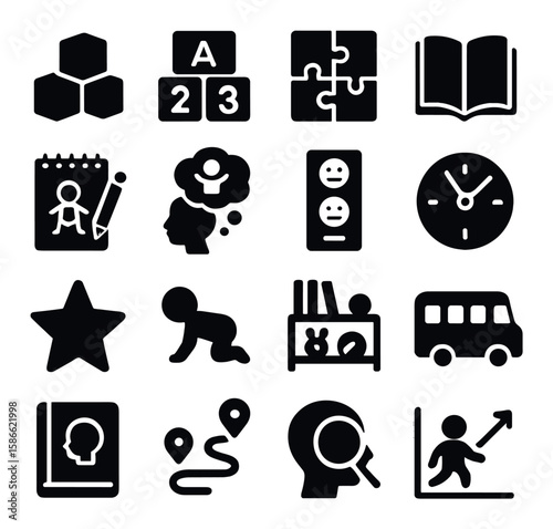 Child development icon collection. early education silhouette icons. puzzle, book, clock, bus, star, growth chart