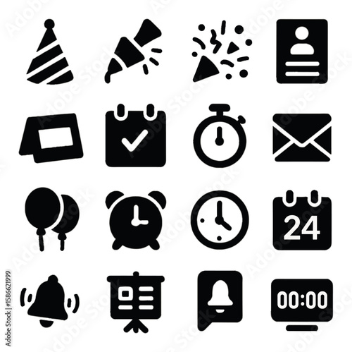 Event icon collection. silhouette party essentials: hat, confetti, calendar, alarm, timer vectors.