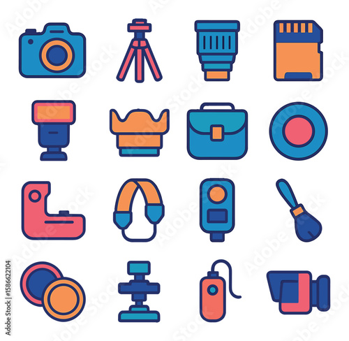 Photography gear icon collection. modern equipment simple style. camera, lens, tripod, flash