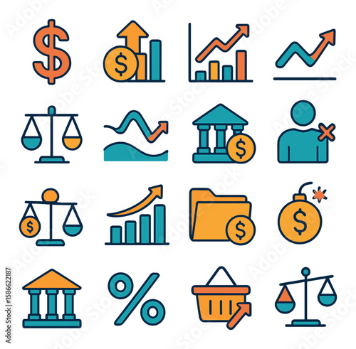 Economic icon collection. flat financial symbols: dollar, graph, bank, scale, investment