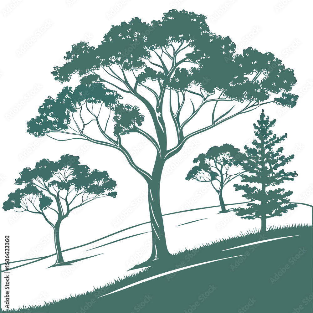 Illustration of trees on a hillside with a large tree in the foreground and smaller trees in the distance