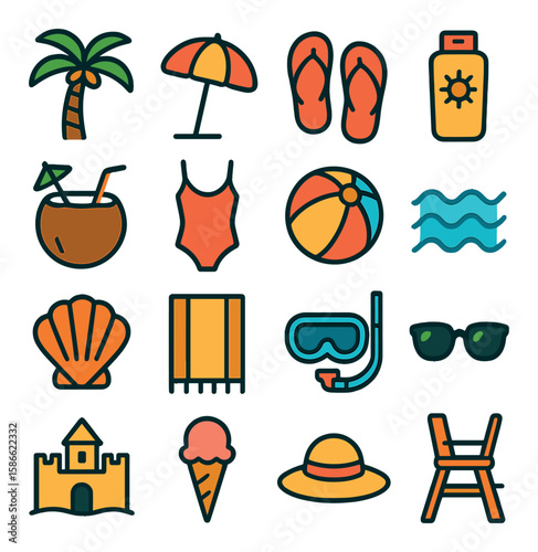 Beach vacation icon collection: simple seaside symbols. umbrella, flip-flops, sandcastle