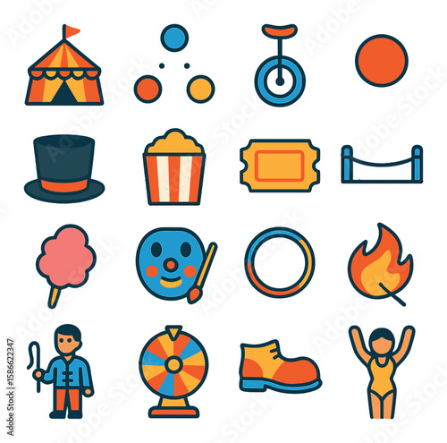 Circus icon collection: vibrant flat circus tent, unicycle, clown, ticket, flame, performer