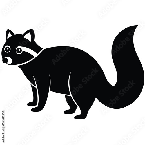  a raccoon in side view with bushy ringed tail and pointed face, standing pose with upright ears and arched back, minimalist vector illustration isolated on white background