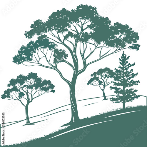 Illustration of trees on a hillside with a large tree in the foreground and smaller trees in the distance