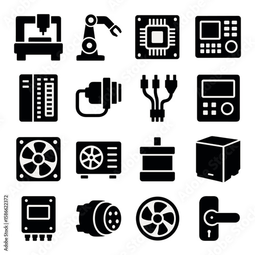 Industrial icon collection: machinery, robotics, circuit, gear, manufacturing silhouette