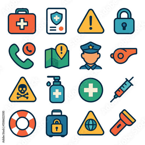 Travel safety icon collection. essential simple icons: first aid, map, lock, police, globe