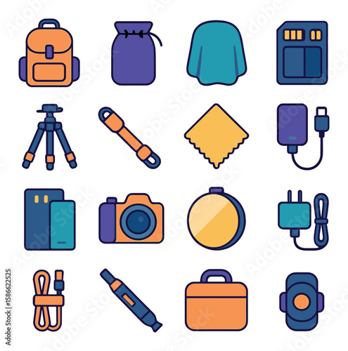 Photography gear icon collection. camera, tripod, lens, bag, flash, battery, cables flat