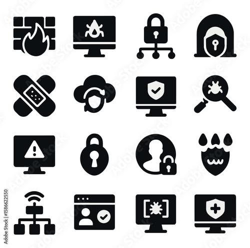 Network security icon collection. simple silhouette icons: firewall, virus, lock, password, shield