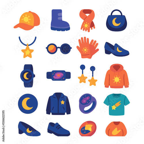 Celestial fashion icon collection. simple night sky apparel: hat, boots, scarf, bag, gloves, sunglasses, jewelry