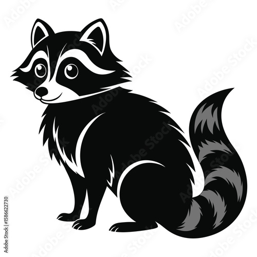  a raccoon in side view with bushy ringed tail and pointed face, standing pose with upright ears and arched back, minimalist vector illustration isolated on white background