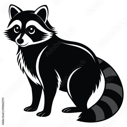  a raccoon in side view with bushy ringed tail and pointed face, standing pose with upright ears and arched back, minimalist vector illustration isolated on white background