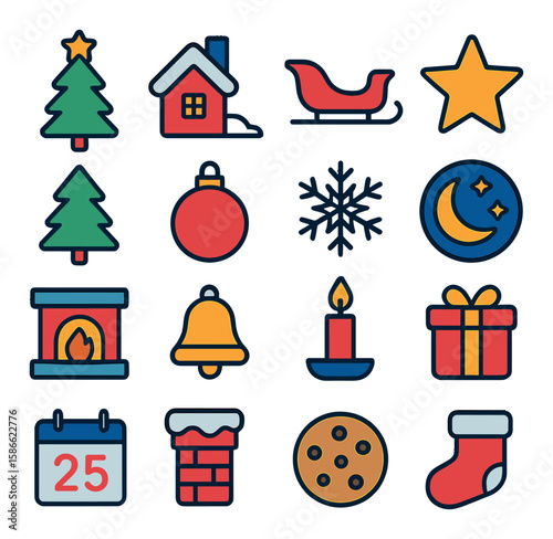 Festive icon collection. holiday simple icons. tree, house, sleigh, star, fireplace