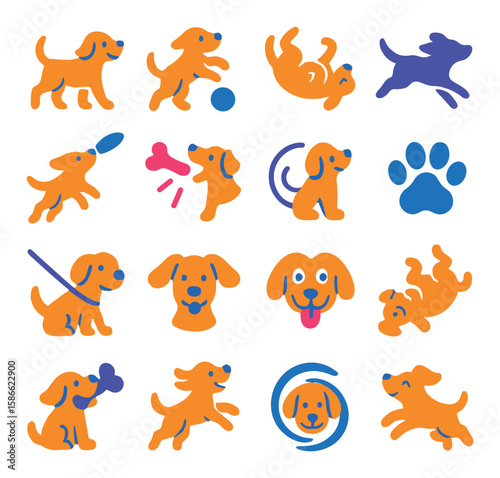 Playful dog icon collection. simple canine silhouette. dog, ball, frisbee, paw, tail