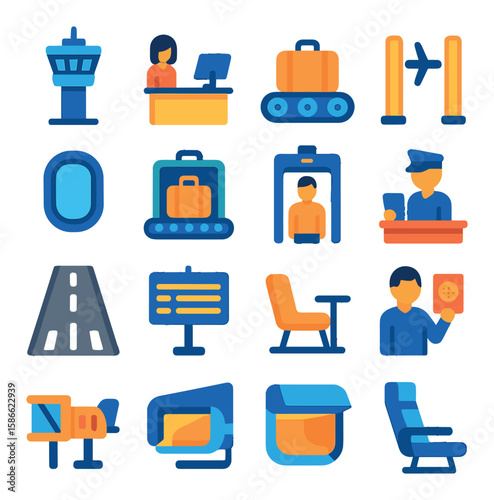 Airport icon collection. colorful airport linear symbols: luggage, check-in, airplane, gate, flight, runway, passport, badge, terminal, boarding, control, airline