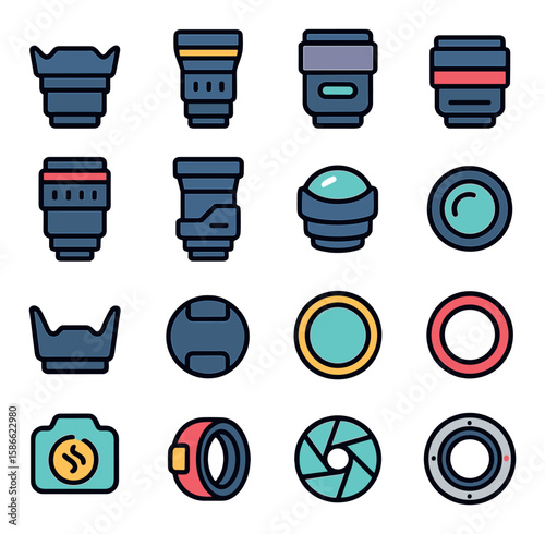 Camera lens icon collection: simple compose design, aperture, shutter, focus, flat
