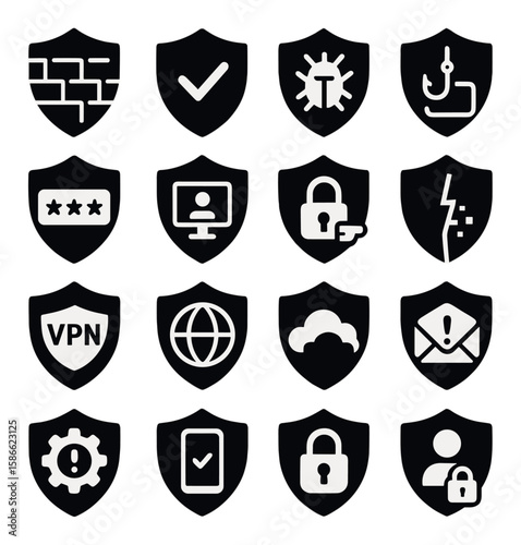 Cybersecurity shield icon collection. simple safety and protection silhouette shields. firewall, bug, lock, phishing, vpn, cloud, password