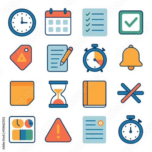 Time management icon collection. simple task and schedule organizing icons. clock, calendar, checklist, stopwatch, bell, hourglass