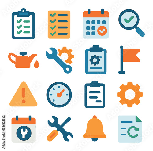 Maintenance checklist icon collection. simple flat icons: calendar, clipboard, tools, flag, alert icons.