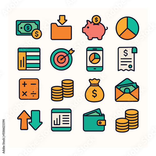 Budget planning icon collection. finance, money, piggy bank, graph, wallet, coin, linear
