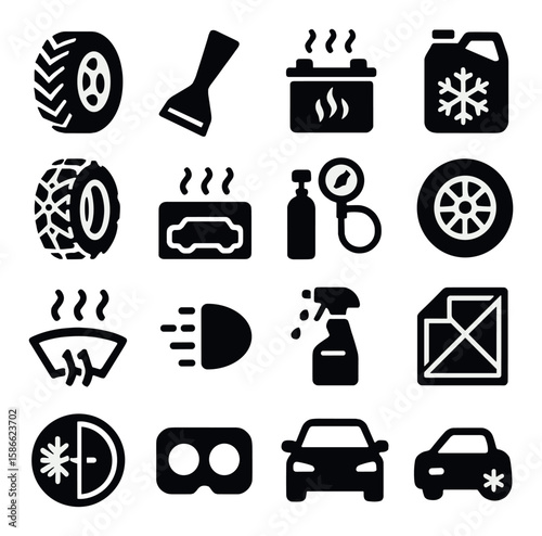 Seasonal car prep icon collection. automotive silhouette icons: tire, scraper, antifreeze, car maintenance
