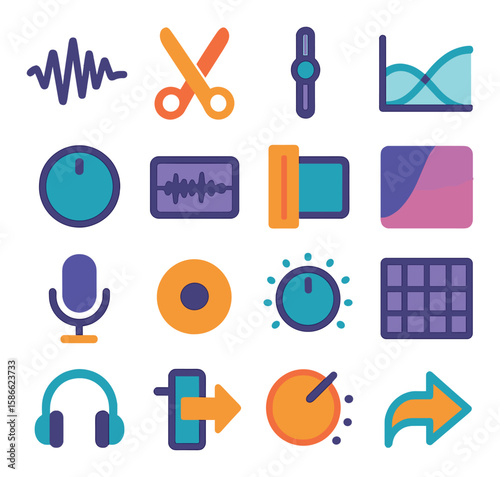 Audio icon collection. simple compose flat music symbols: wave, microphone, mixer