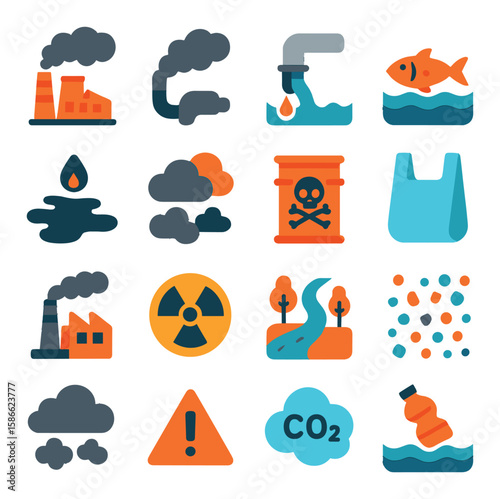 Pollution awareness icon collection. environment, recycle, waste, co2, water, fish simple