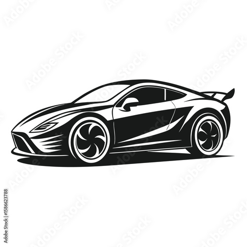 a sleek sports car in side profile, dynamic and aerodynamic shape with bold curves and detailed wheels, minimalist vector illustration isolated on white background, ideal for automotive logos, racing 