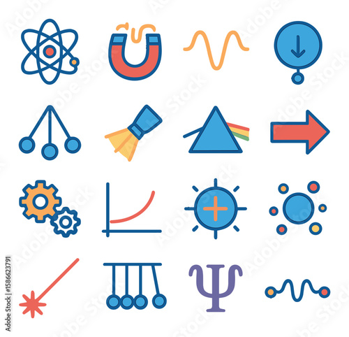 Modern physics icon collection: simple linear design - atom, magnet, wave, gear, pendulum
