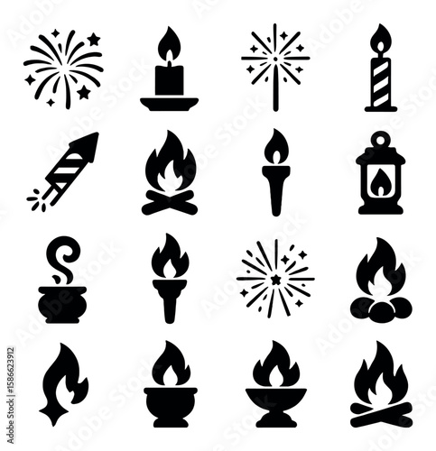Festive fire icon collection. holiday flames silhouette. candle, firework, lantern, bonfire, torch
