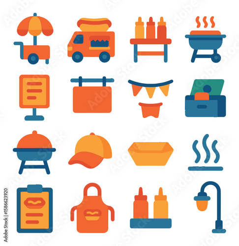 Hot dog icon collection: modern flat icons for bbq, grill, vendor, sauce, cap, apron