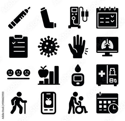 Chronic care icon collection: medical health silhouette icons including inhaler, calendar, blood, heart, glucose, apple, senior,
