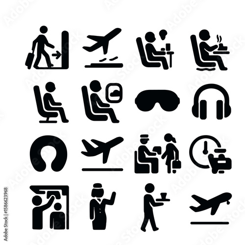 Passenger experience icon collection: silhouette travel comfort, flight, luggage, seat, meal icons