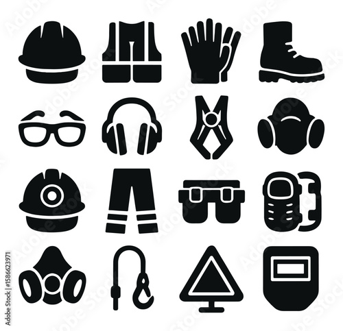 Safety gear icon collection. protective equipment silhouette. helmet, vest, gloves, boots, mask