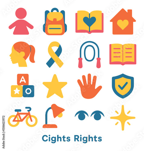 Girls' rights icon collection. empowerment, education, health, equality flat