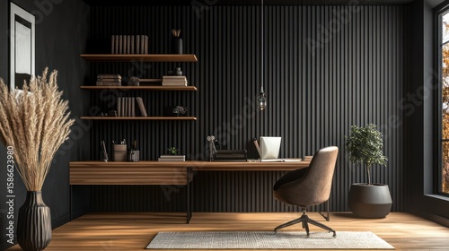Modern workspace with wood shelves, desk, chair, dark walls, and light wood floor