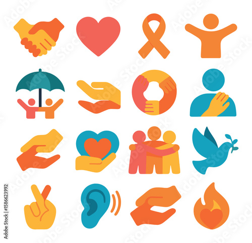 Support and solidarity icon collection. simple flat design: handshake, heart, ribbon, care, unity