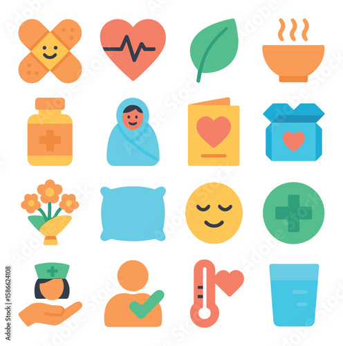 Get well icon collection: simple flat style. medicine, heart, leaf, soup, smile, thermometer, get well card