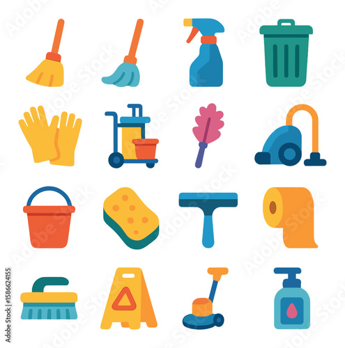 Janitorial tools icon collection: simple flat cleaning icons of mop, broom, vacuum, gloves, trash, bowl,