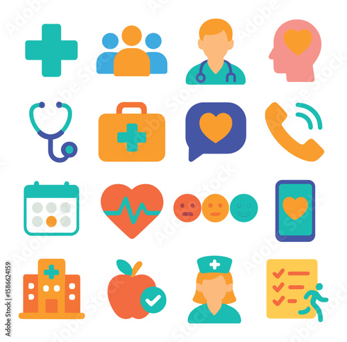 Health support icon collection. simple style: doctor, nurse, heart, hospital, apple, calendar, phone